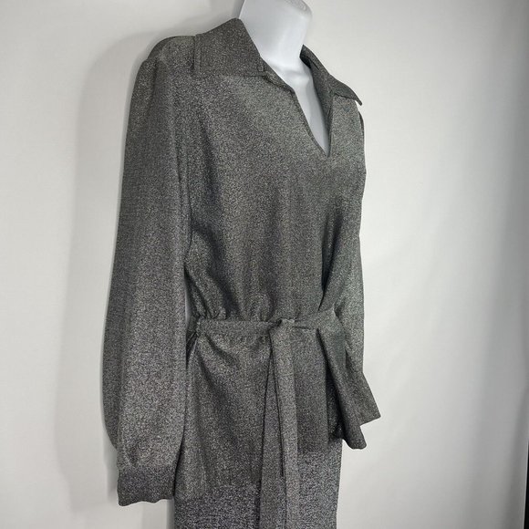 Vintage 70s Disco Avant Garde Gray Silver Glitter Belted Blouse Maxi Skirt Set - Picture 4 of 8